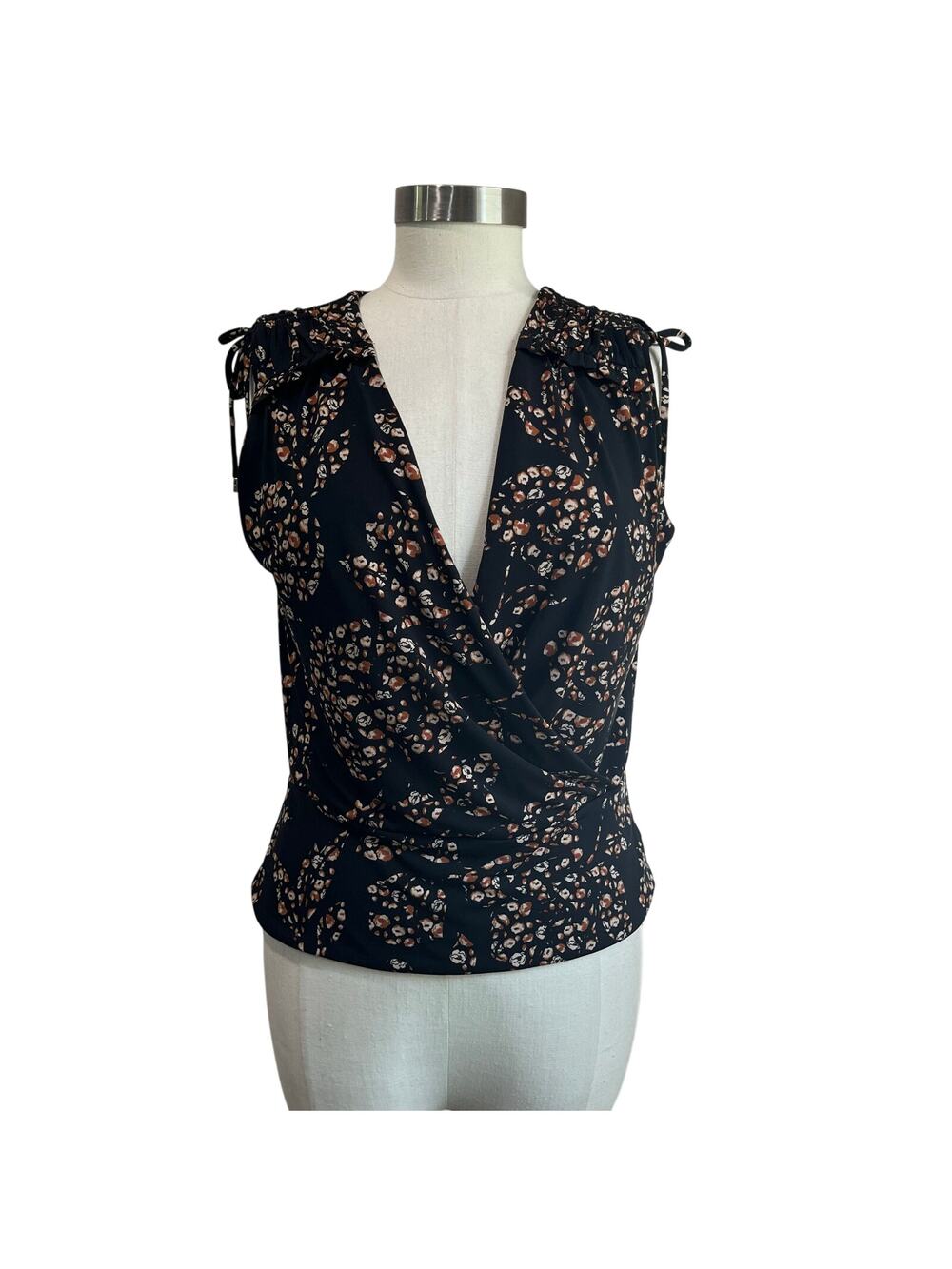 WHBM Black Floral Faux Wrap Blouse Sleeveless Adjustable Tie Top Size S